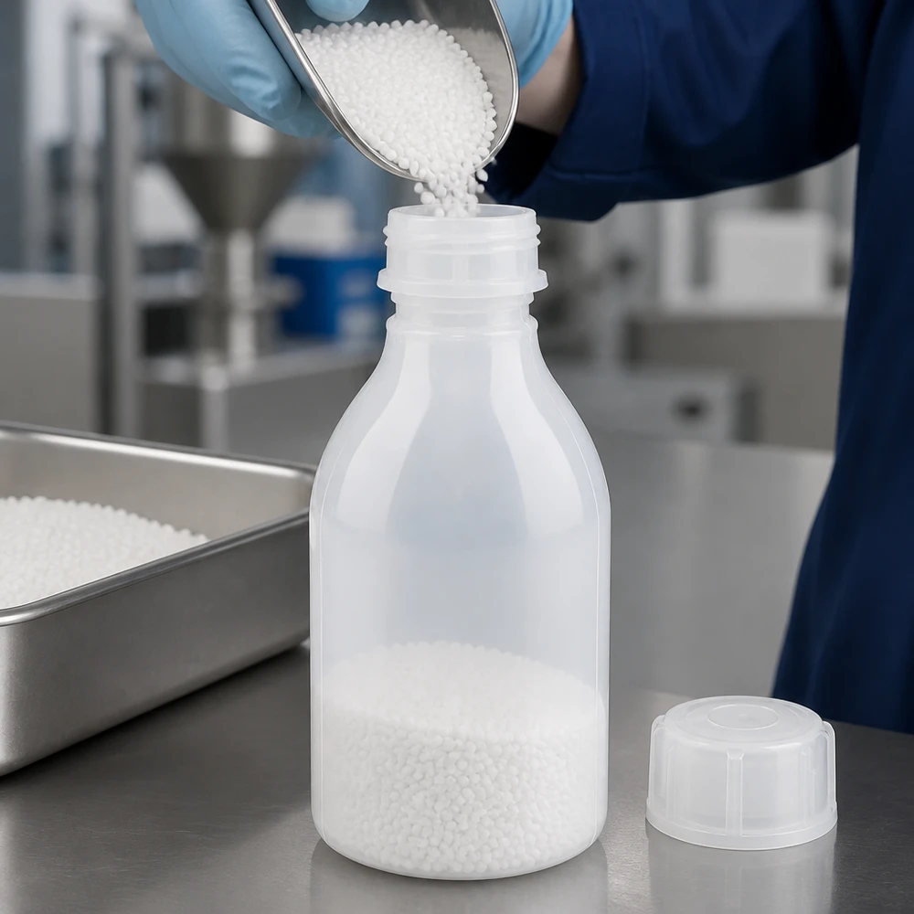 Nauwe hals laboratoriumfles 30ml met schroefsluiting Laboratoriumfles met smalle hals van 30 ml, gevuld met losse inhoud, naast een roestvrijstalen schaal in het laboratorium