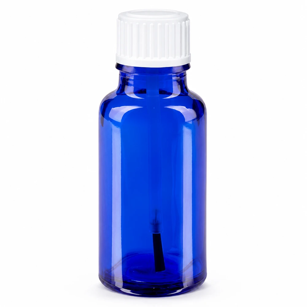Blauwe glazen flessen 20ml met wit schroefsluiting kwastje 18mm VR Kleine blauwe apothekersfles van 20 ml, gemaakt van UV-bestendig glas, met kwastje