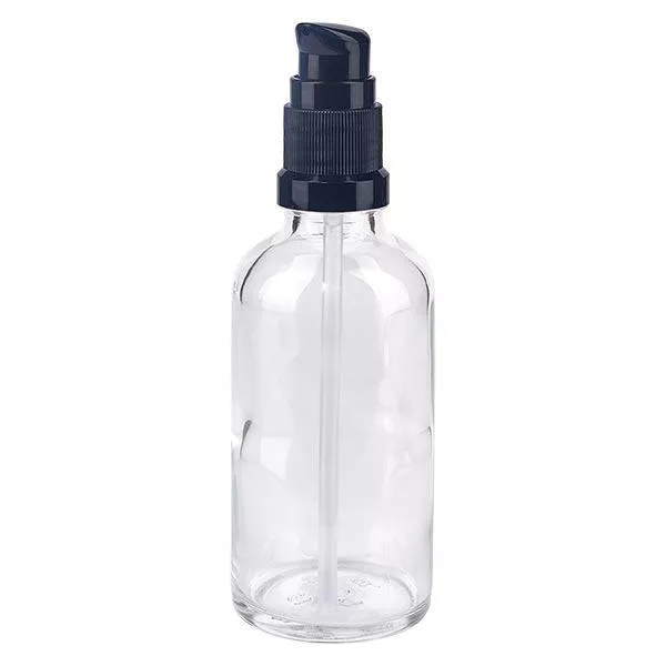 Helder glazen flessen 50ml met zwart pompsluiting Helder glazen flessen 50ml met zwart pompsluiting