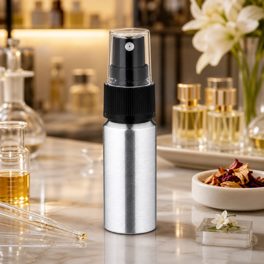 20 ml aluminium fles gebeitst incl. pompverstuiver zwart Navulbare aluminium fles van 20 ml met verstuiver - milieuvriendelijke oplossing voor cosmetica