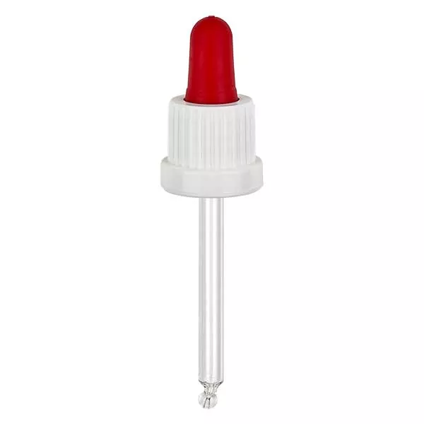 Glazen druppelpipet wit/rood 18 mm PL66 garantiesluiting VR