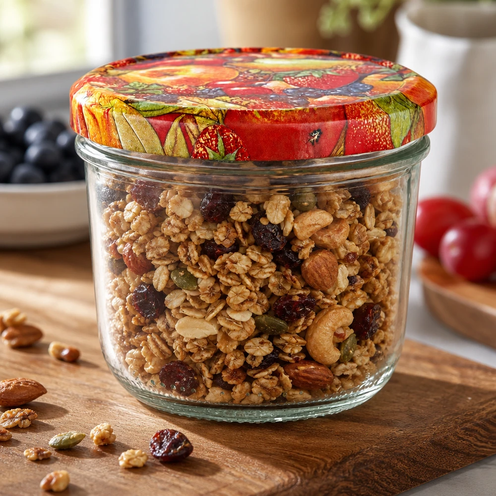 230ml bekers met notenmix en kleurrijk BasicSeal fruitdecor deksel op houten plank met noten en gedroogd fruit