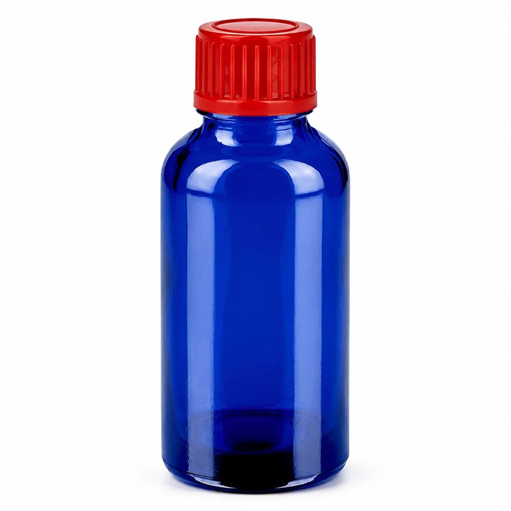 30ml apothekersfles blauw met rode standaard dop voor vloeibare medicatie
