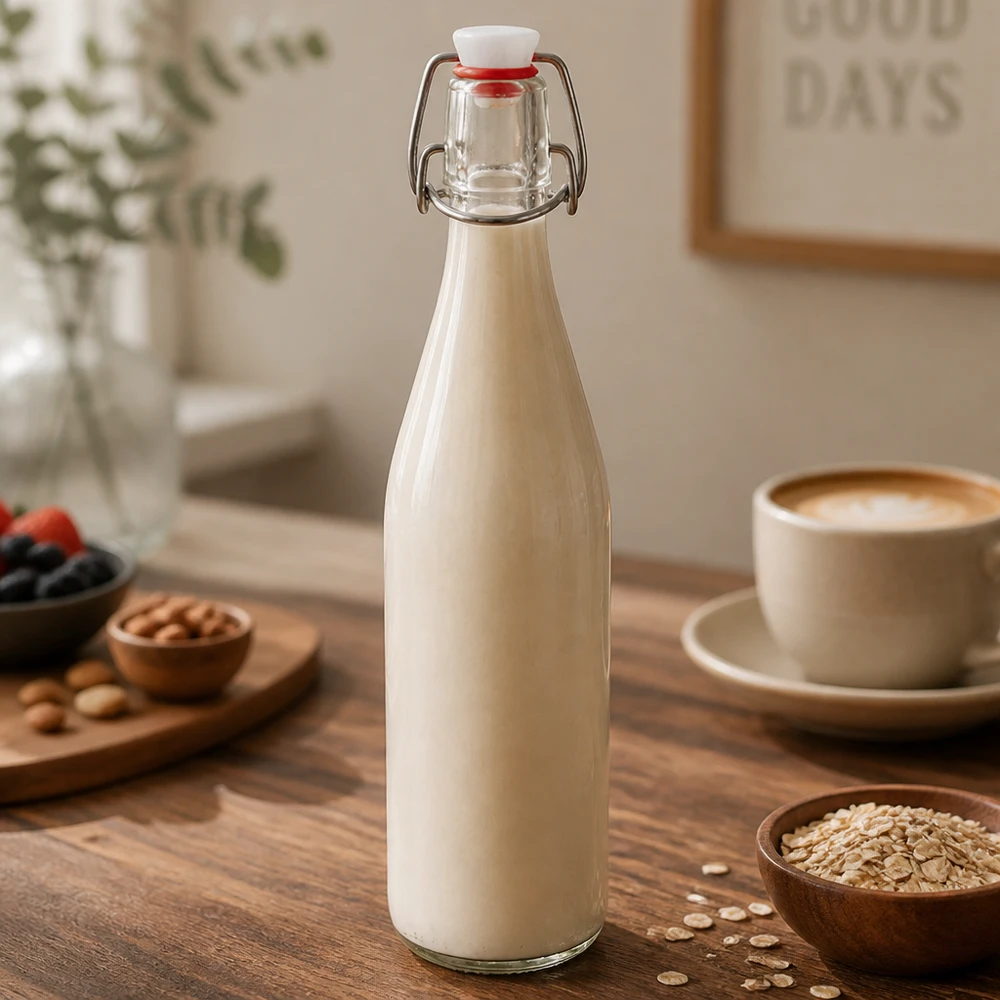 Glazen fles van 500 ml + porseleinen slingerdop UN... Swing top glazen fles 500ml gevuld met havermelk op houten tafel naast koffiekopje en havermout
