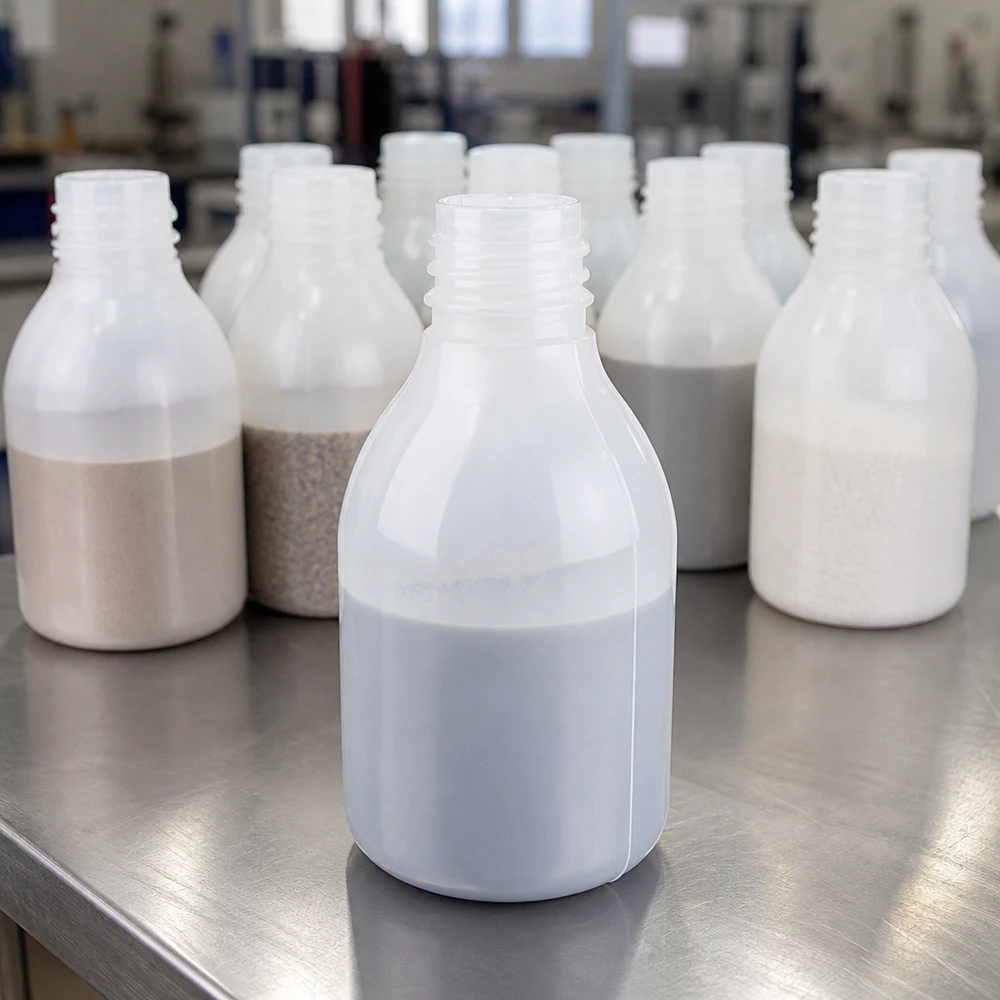 Nauwe hals laboratoriumfles 30ml zonder sluiting Witte laboratoriumflesjes van 30 ml met smalle hals en beige en witte stofmonsters in het hoogrek van het laboratorium