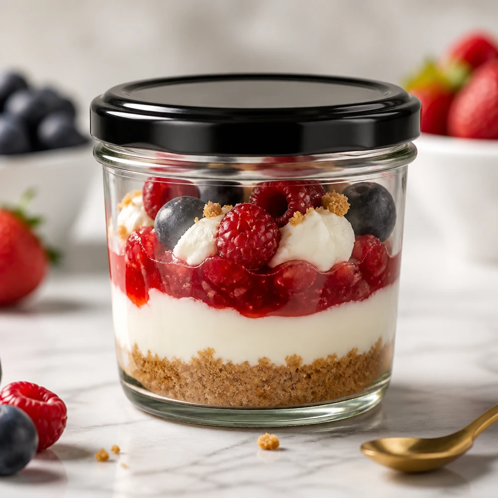 230 ml bekers met BasicSeal deksel zwart gevuld met bessendessert toont elegante portionering en presentatie