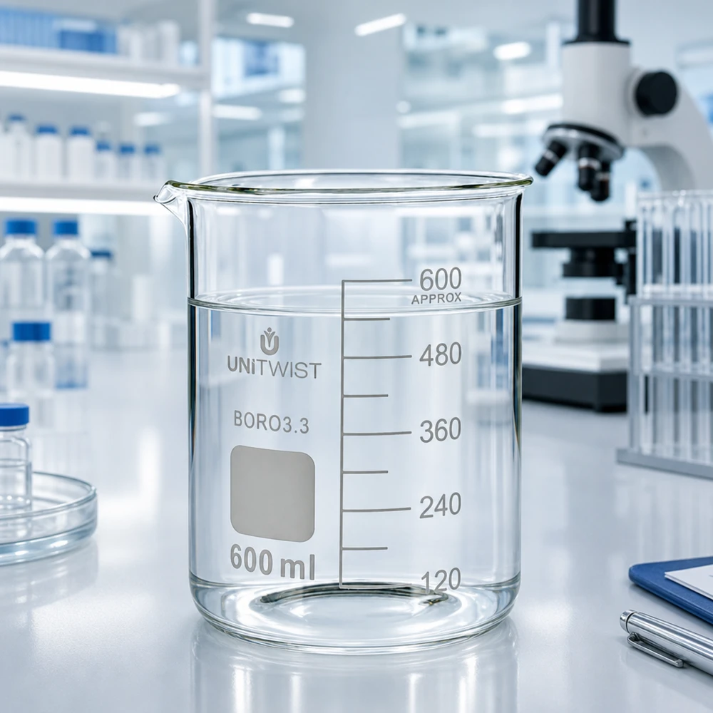 Beker 600ml borosilicaat, lage vorm UNiTWIST UNiTWIST borosilicaat bekerglas 600 ml met lage handgreep, voor chemische laboratoriumtoepassingen
