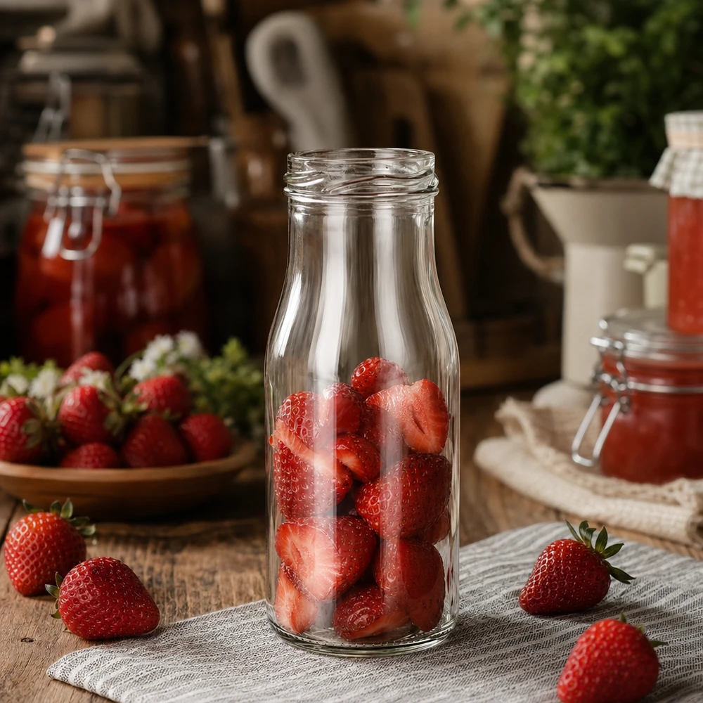 UNiTWIST Bottle150 Glazen fles 150ml TO43 gevuld met verse aardbeien op een rustieke houten tafel met jampotten