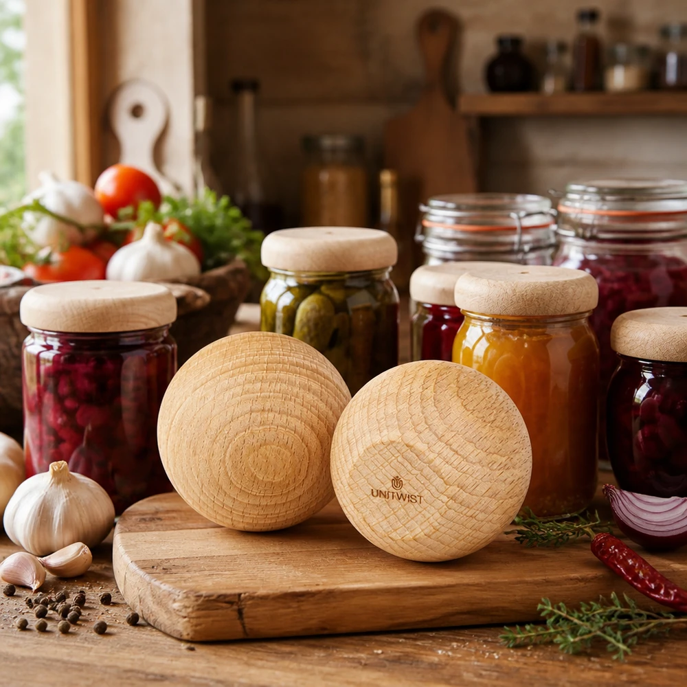 UNiTWIST houten beuken WECK RR60 ballen in een rustieke keuken met inmaakpotten en verse ingrediënten Toepassingsvoorbeeld