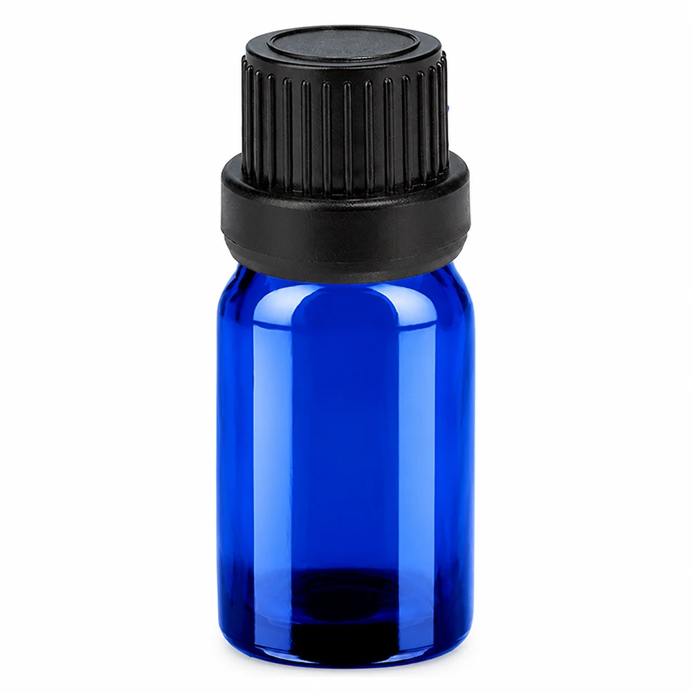 Compact 5ml druppelflesje van blauw glas met zwarte OV-dop UT18 formaat
