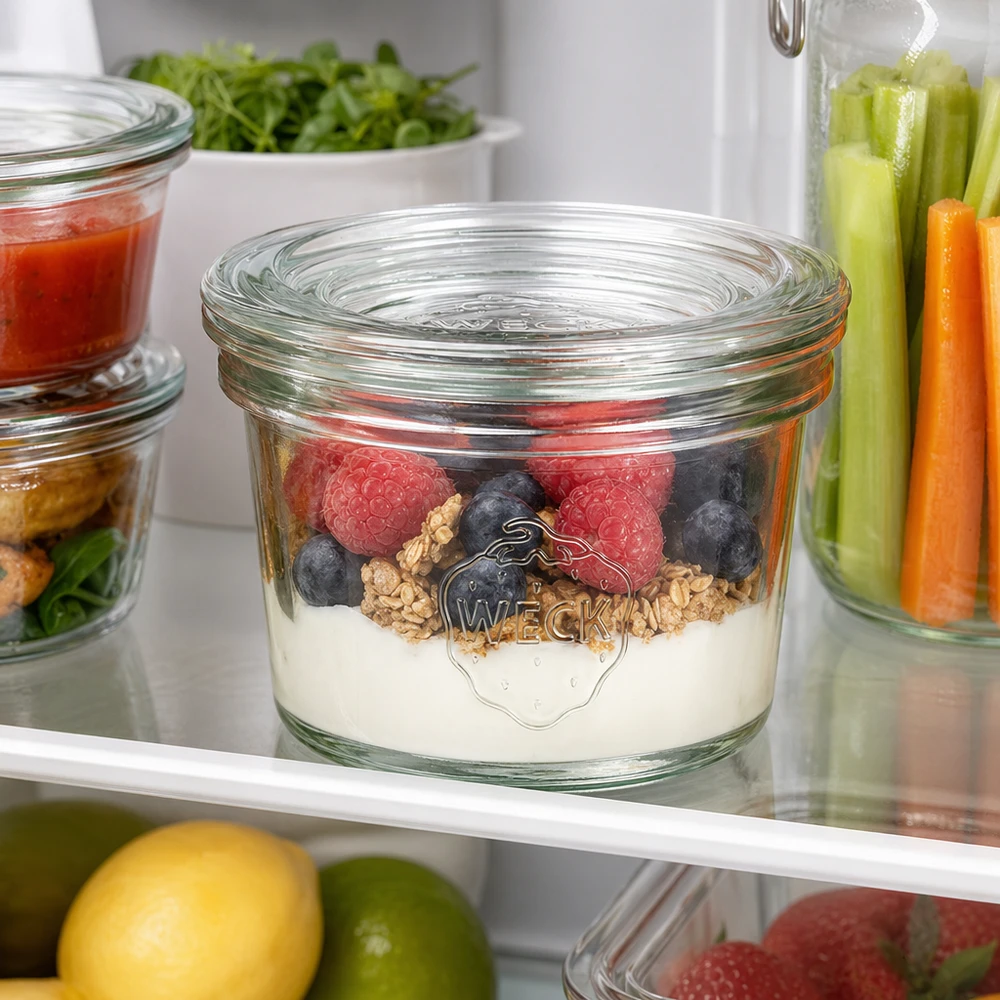 35ml WECK RR40 bekers met yoghurt, bessen en noten in de koelkast naast groentesticks en kruiden