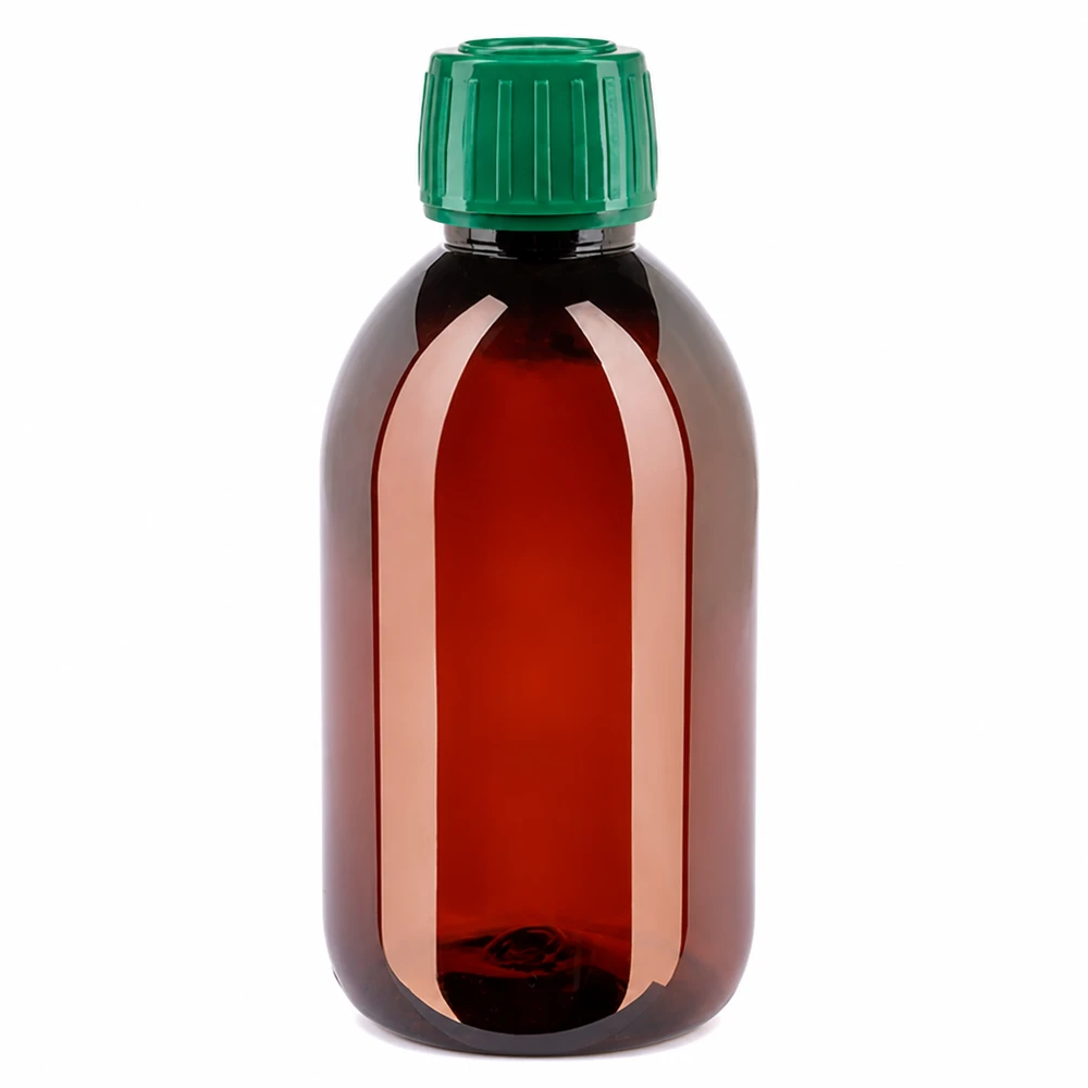 50 ml PET medicijnfles met verstuiver zwart GCMI 28/410 incl. dop transparant, standaard Lichte ronde PET-fles van 250 ml met UV-bescherming en groene verzegeling