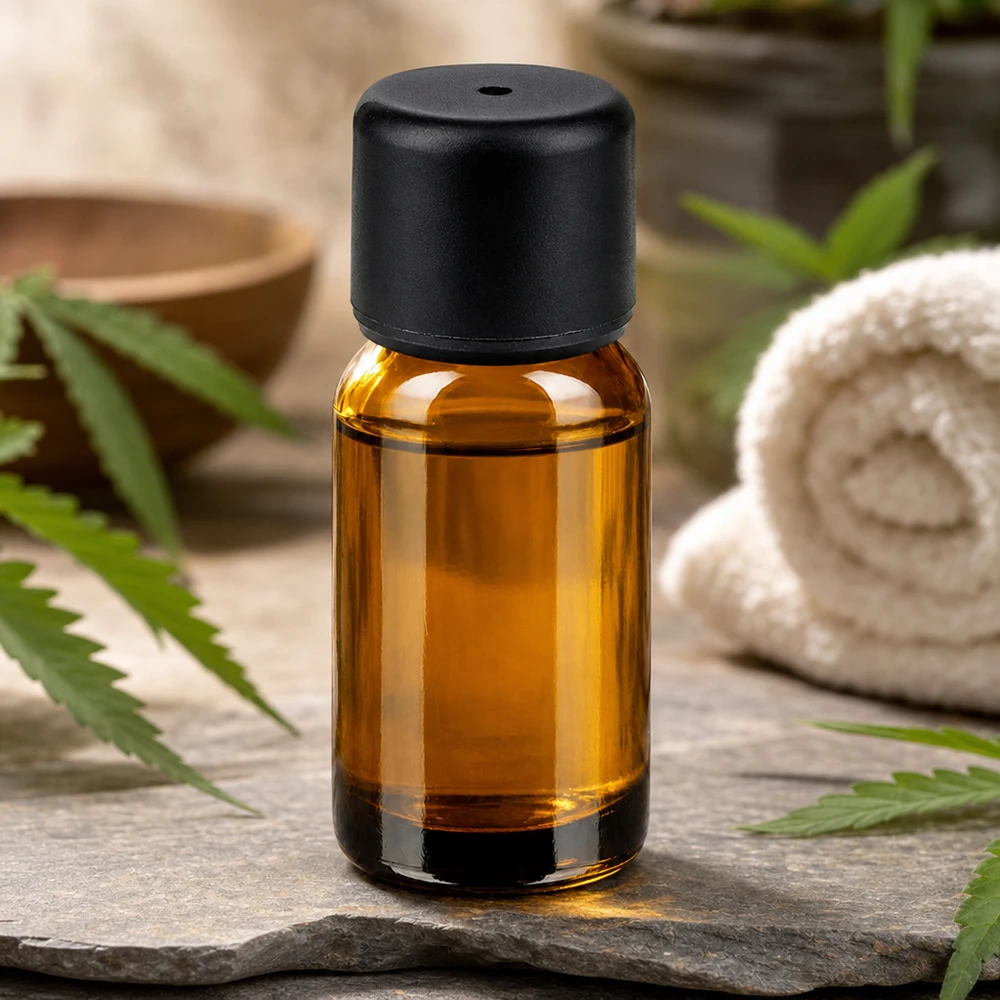 Compact amberkleurig glazen flesje van 10 ml met zwarte dop voor mobiele aromatherapie en op reis