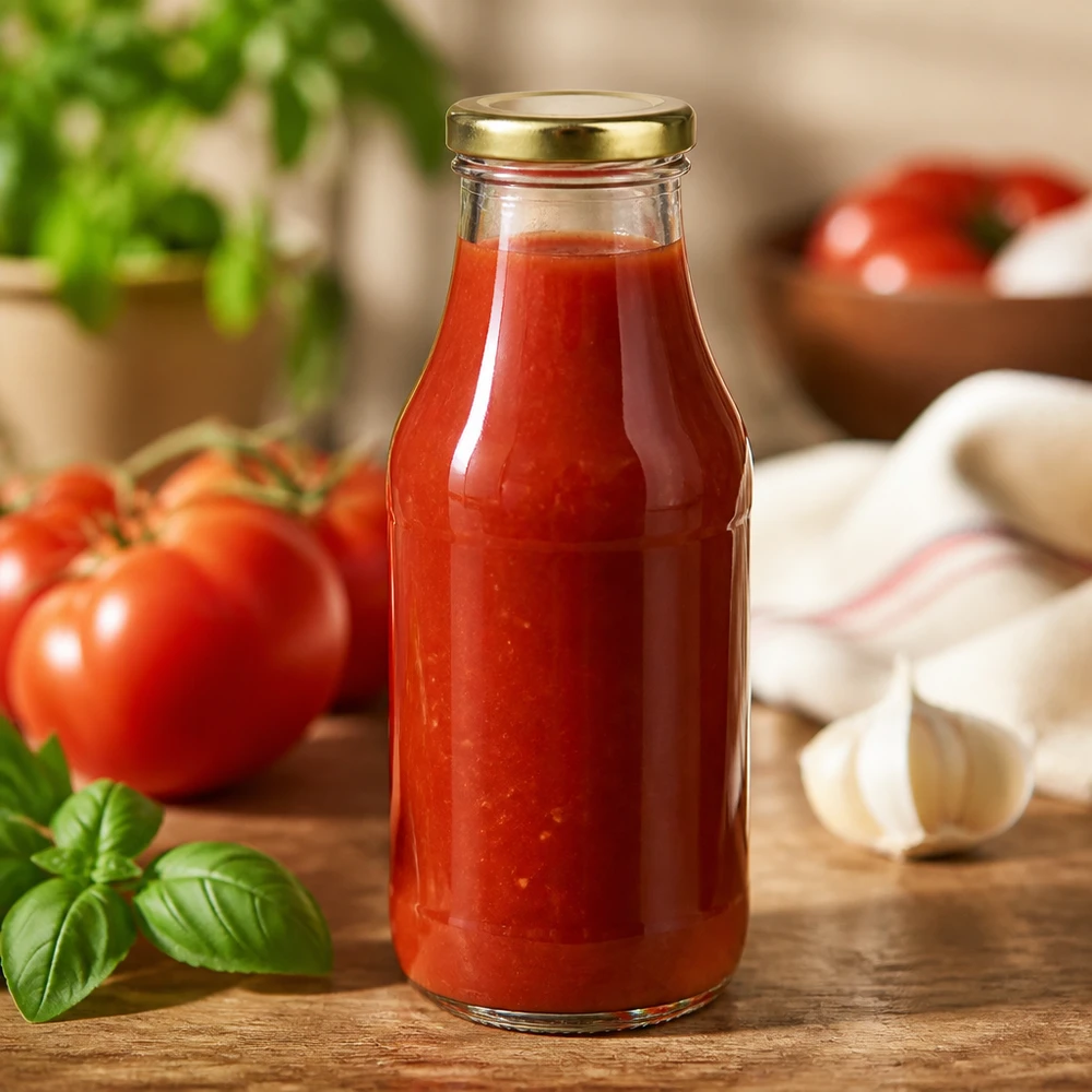Glazen fles van 330 ml + BasicSeal-deksel goud UNiTWIST 330 ml UNiTWIST-inmaakpot met tomatenpassata, gouden deksel, inmaken, voorraad