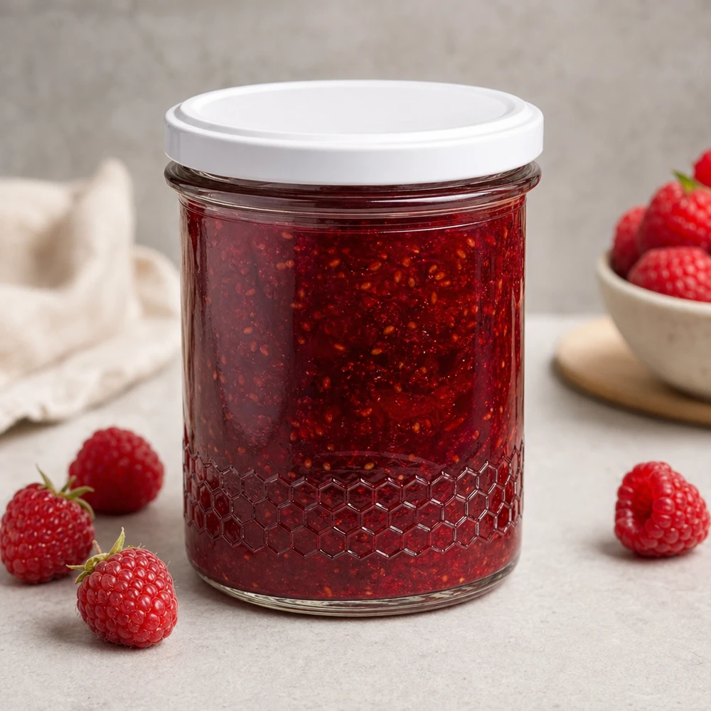 400 ml honingpot als jampot voor aardbeienjam gevuld met verse aardbeien decoratief keukengebruik