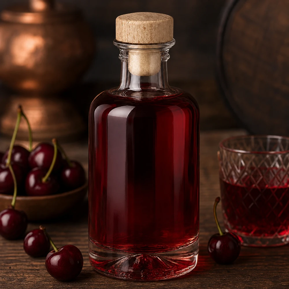 100 ml apothekersfles Sofia met houten handvat en kurk UNiTWIST® 100ml Glasflasche Sofia mit Holzkorken gefüllt mit rotem Kirschlikör neben frischen Kirschen rustikale Küche