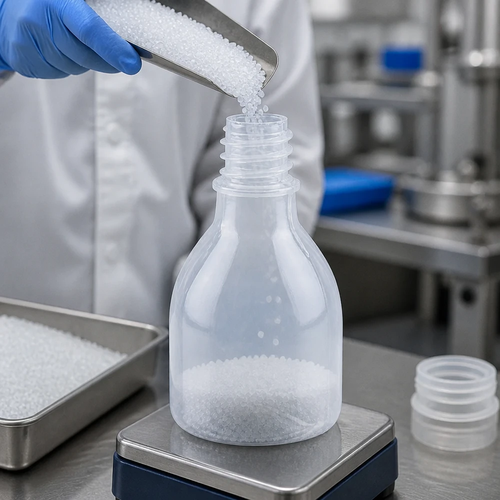 Nauwe hals laboratoriumfles 20ml zonder sluiting Het vullen van een 20 ml-flesje met smalle hals met wit granulaat met behulp van een metalen schepje in het GMP-laboratorium