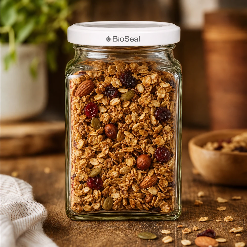260ml tetraglas met BioSeal deksel wit UNiTWIST UNiTWIST Tetra260 voorraadpot gevuld met muesli noten gedroogd fruit wit TO58 BioSeal deksel keuken