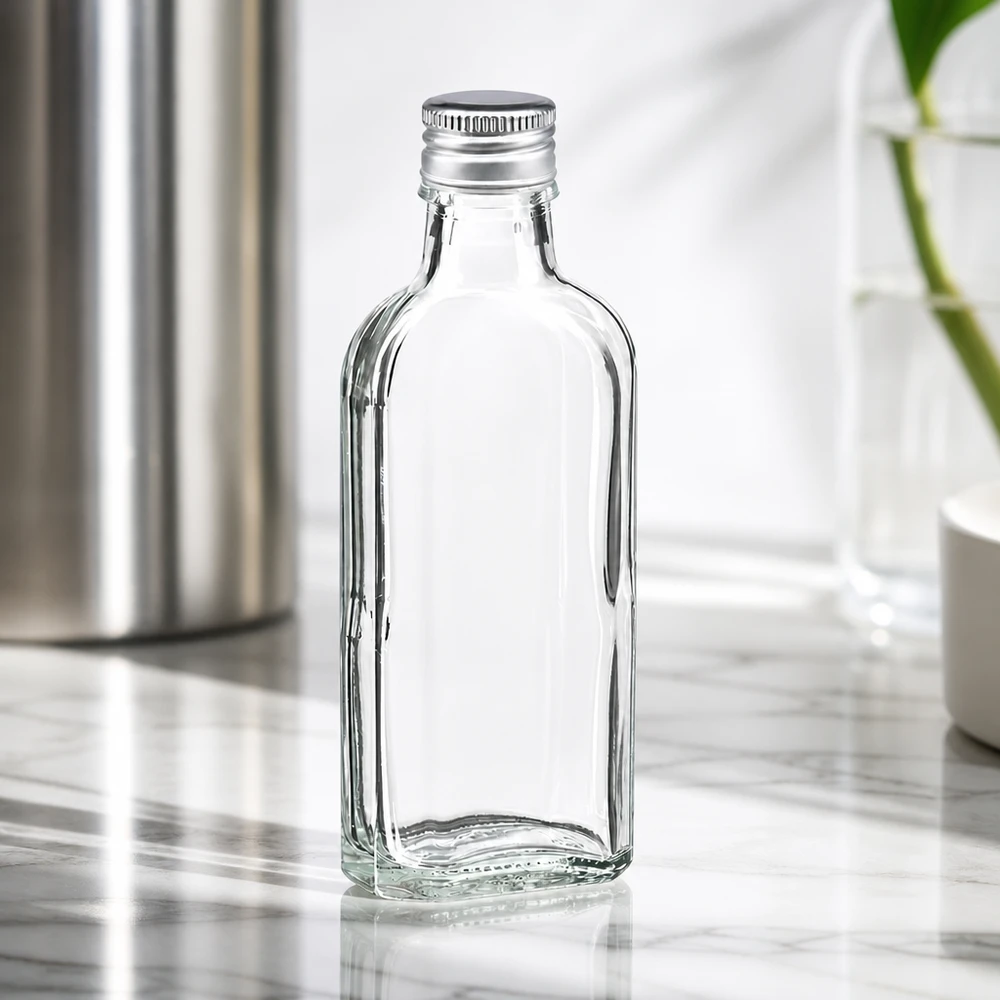 100 ml Meplat helder met aluminium dop zilver PP22 Kleine rechthoekige fles van helder glas, 100 ml, Meplat, met een zilverkleurige PP22-aluminiumdop