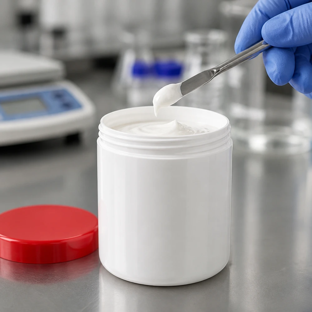 Zalfpot 20 g wit met rood schroefdeksel (PP) Compacte witte zalfpot van 20 g met een rode PP-schroefdop voor medische huidverzorgingsproducten