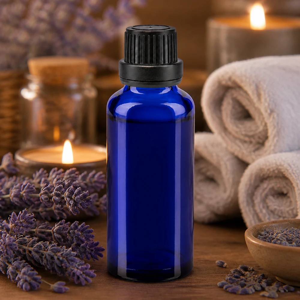 Blauwe apofles van 30 ml, gemaakt van borosilicaatglas, met een kindveilige zwarte schroefdop