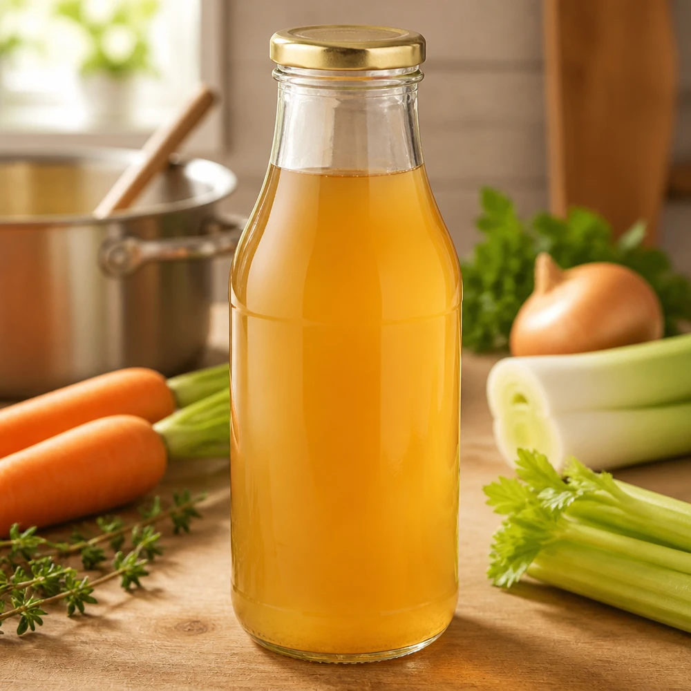 Glazen fles van 330 ml + BasicSeal-deksel goud UNiTWIST Zelfgemaakte kippenbouillon, verpakt in een UNiTWIST-glazen fles van 330 ml met een BasicSeal-deksel in goudkleur