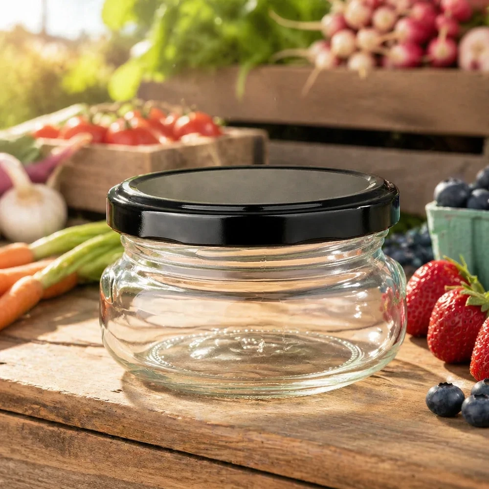 120ml terrine met BasicSeal deksel zwart UNiTWIST 120ml weckpot leeg op houten plank met verse bessen en groenten, zwart deksel, natuurlijke sfeer
