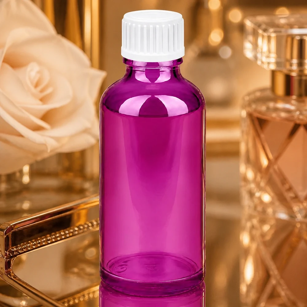 Violet rond glazen flesje 50ml met UV-bescherming ideaal voor lichtgevoelige stoffen en extracten