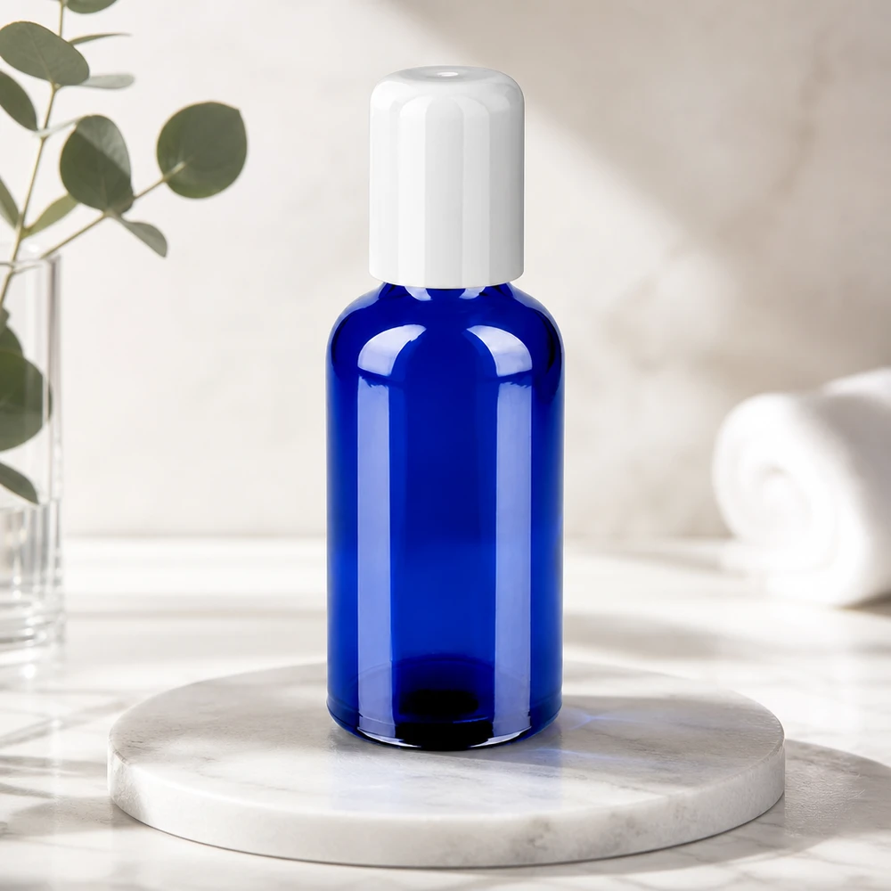 50 ml glazen rolfles met mat oppervlak in blauw voor hygiënische productopslag