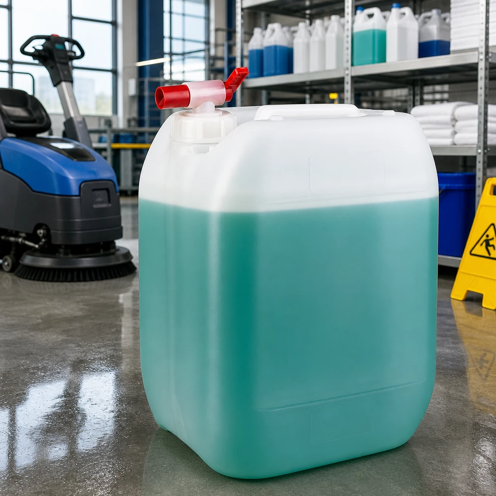 Lichtgroene vloeistofkan van 10 liter met rode aftapkraan, in gebruik bij facility management