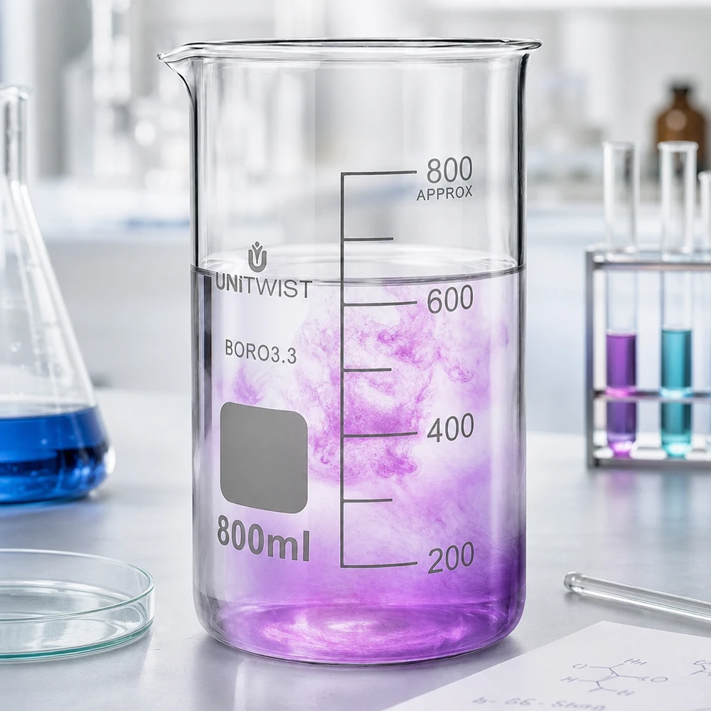 Doorzichtig borosilicaat laboratoriumbeker van 800 ml van UNITWIST met een gekleurde reactie aan de binnenkant