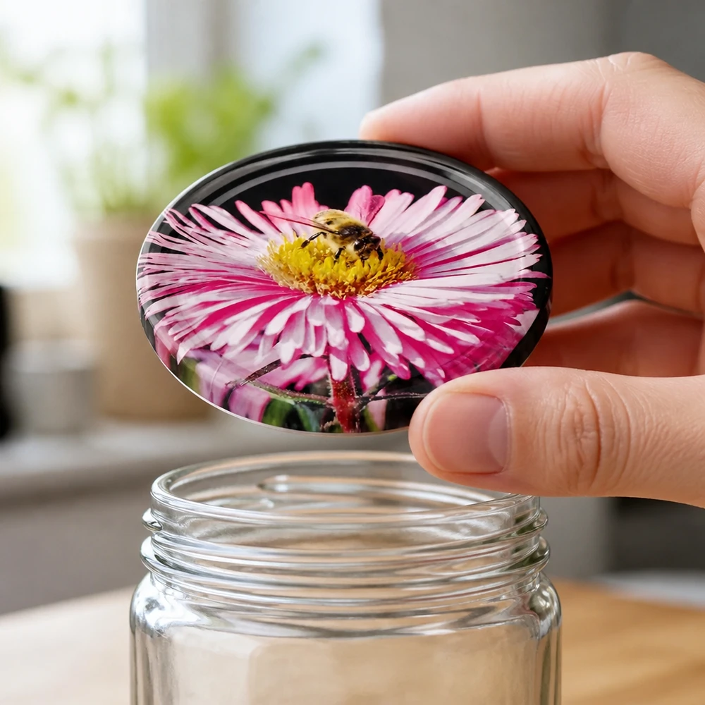 Zwarte deksel van 82 mm voor inmaakpotten met bloemmotief en close-up van een hommel op een aster van UNiTWIST