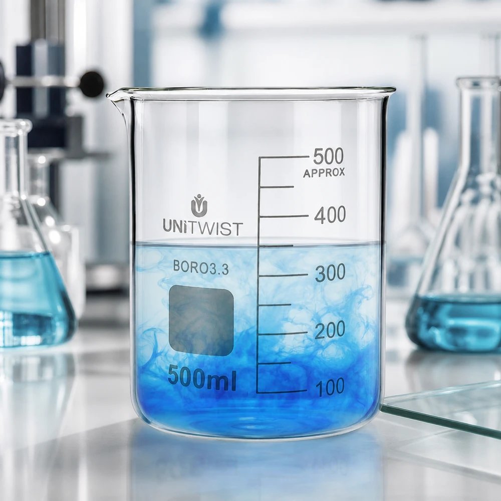 Beker 500ml borosilicaat, lage vorm UNiTWIST Laboratoriumbeker van 500 ml, UNiTWIST, van borosilicaatglas, met lage vorm, omringd door Erlenmeyer-kolven in het laboratorium