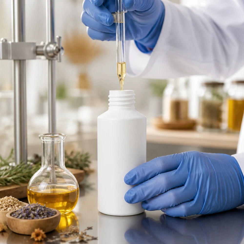 PET cilinderfles 50ml wit, S20x3, zonder sluiting Stevige witte apothekersfles van 50 ml, gemaakt van HDPE-kunststof, open op een laboratoriumtafel