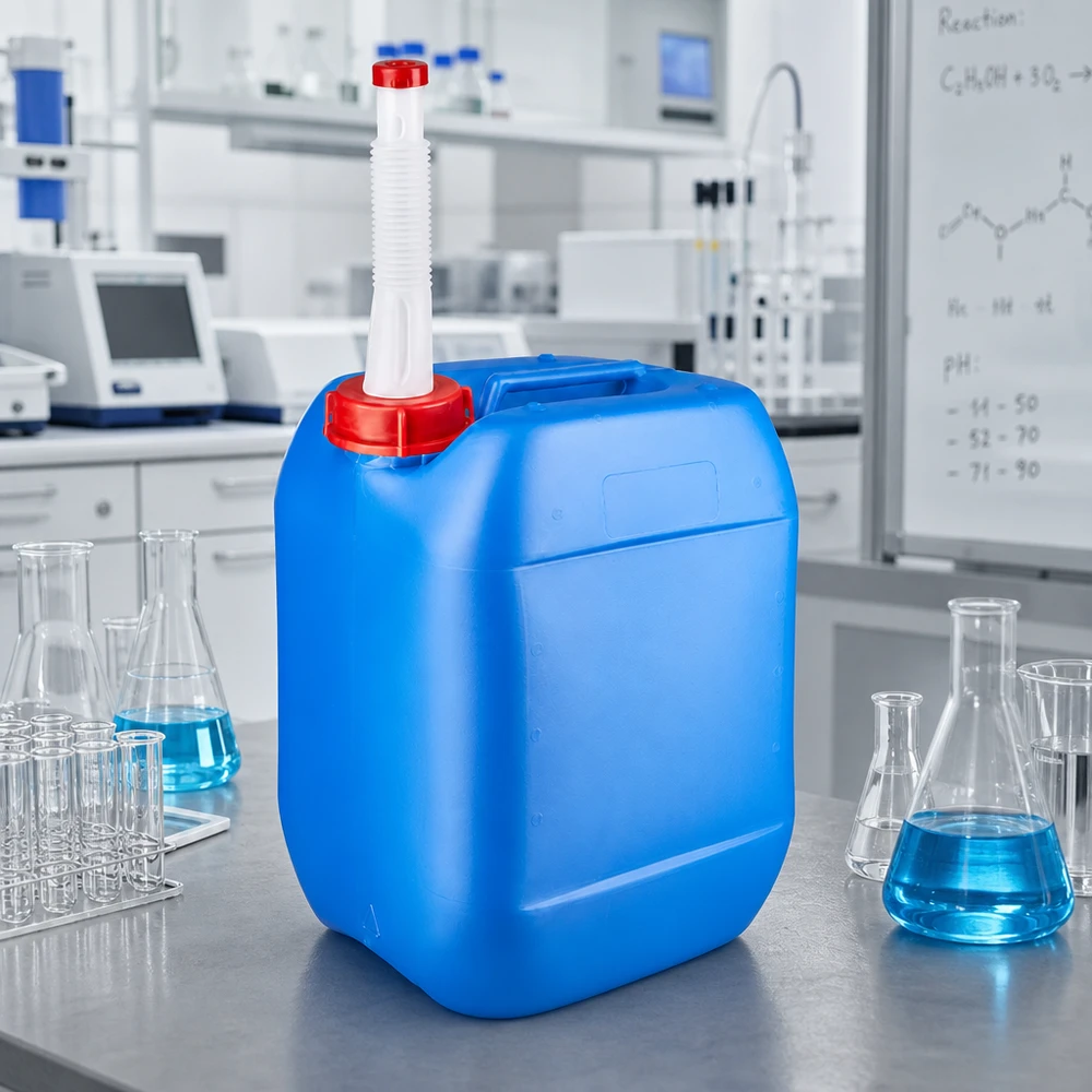 Stapelbare blauwe jerrycan van 10 liter met flexibele slang voor het veilig afnemen van chemicaliën