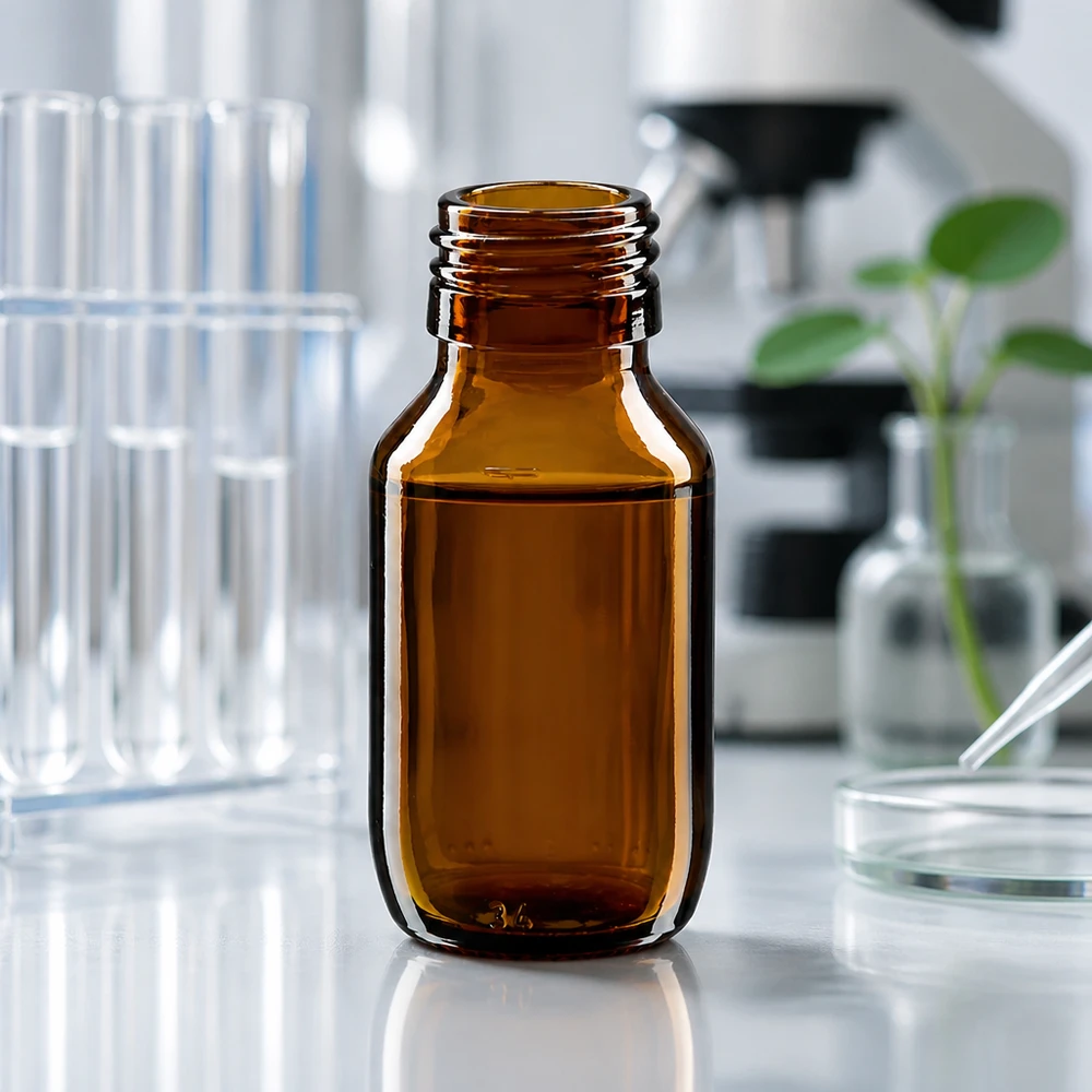 Klein apothekersflesje van 50 ml in amberkleurig glas zonder deksel PP28 schroefdraad voor laboratoriumtoepassingen
