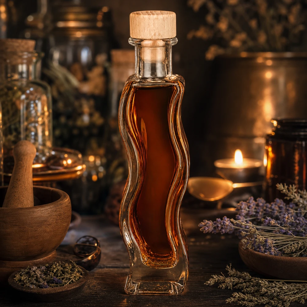 100ml Melissa glazen fles met amberkleurige inhoud houten kurk rustieke apothekerssfeer lavendel kaarslicht
