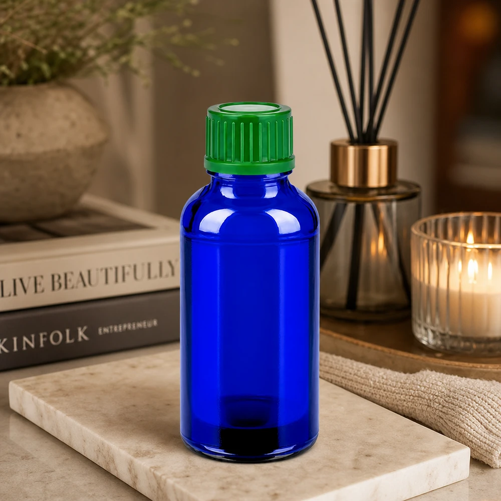 30ml fles 11mm SV groen STD BlueLine UT18/30 30ml glazen flesje van laboratoriumkwaliteit met groene dop voor veilige opslag van actieve ingrediënten