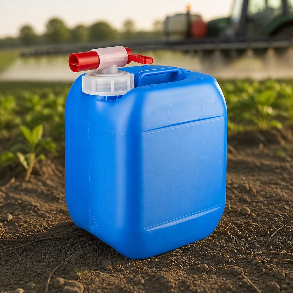 Stapelbare blauwe jerrycan van 5 liter met doseerkraan voor meststoffen en de landbouw