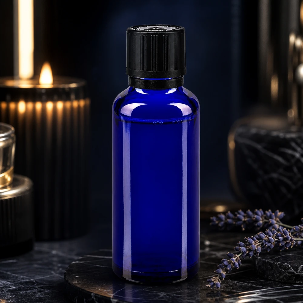 Blauwe glazen flessen 30ml met zwart druppelsluiting kinderslot Bliw VR Blauwe druppelfles van 30 ml met lavendel in een donkere uitstraling, voor natuurlijke cosmetica en essences