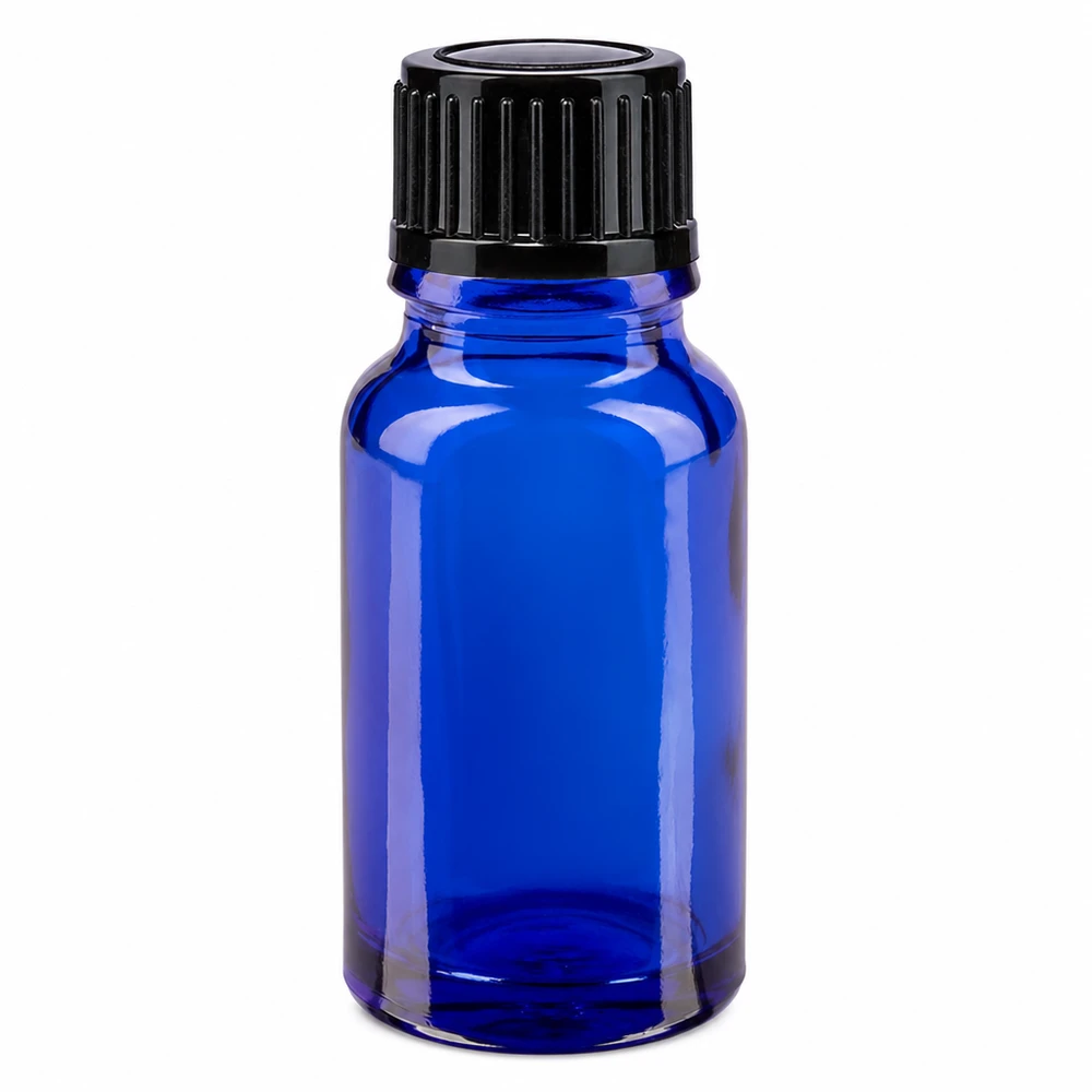 Blauwe glazen flessen 10ml met zwart 1mm druppelstop St Blauw apothekersglas van 10 ml met kindveilige zwarte druppeldop van 1 mm