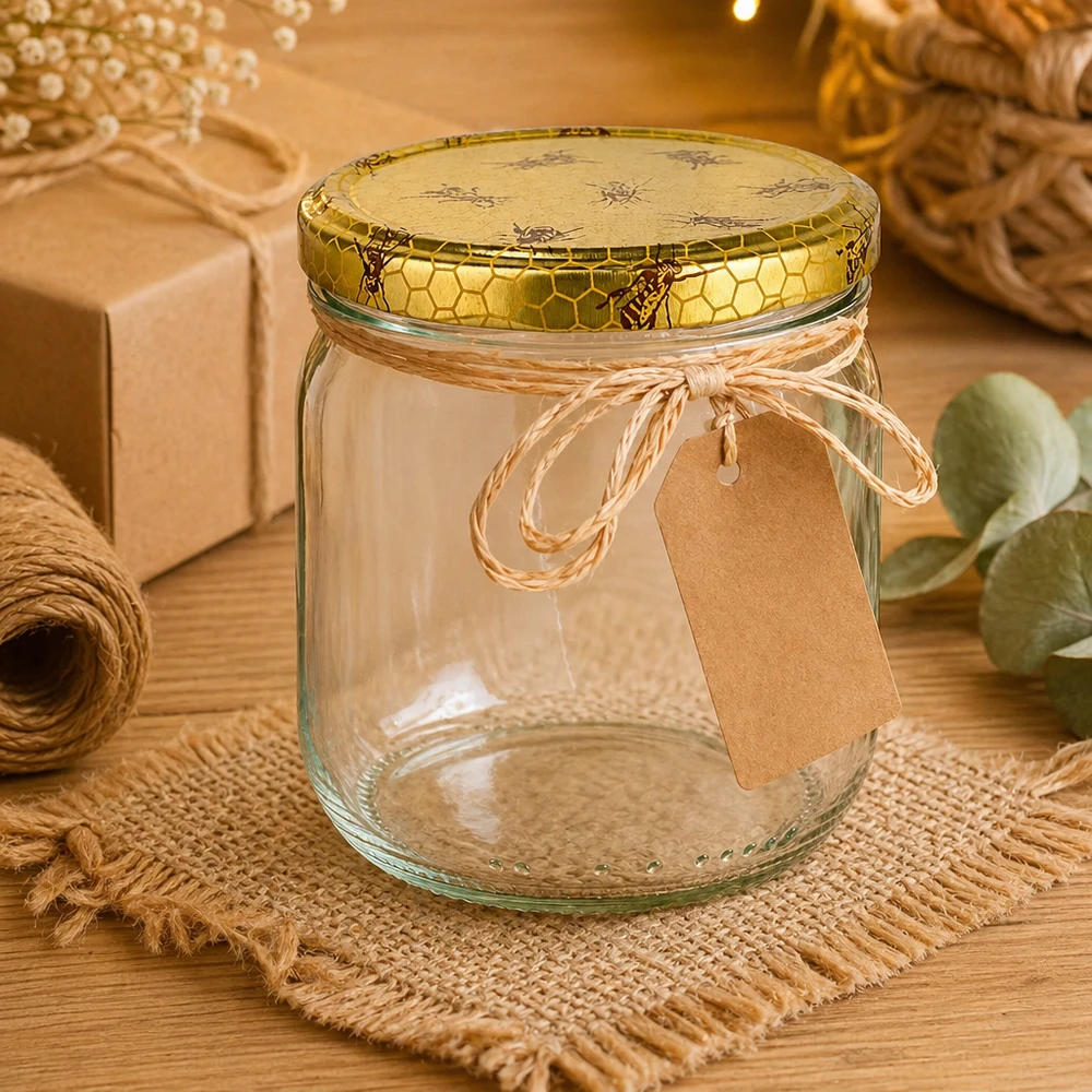 Honingpot van 500 g met honingraatdeksel en cadeaulabel op ambachtelijke mat met natuurlijke decoratie