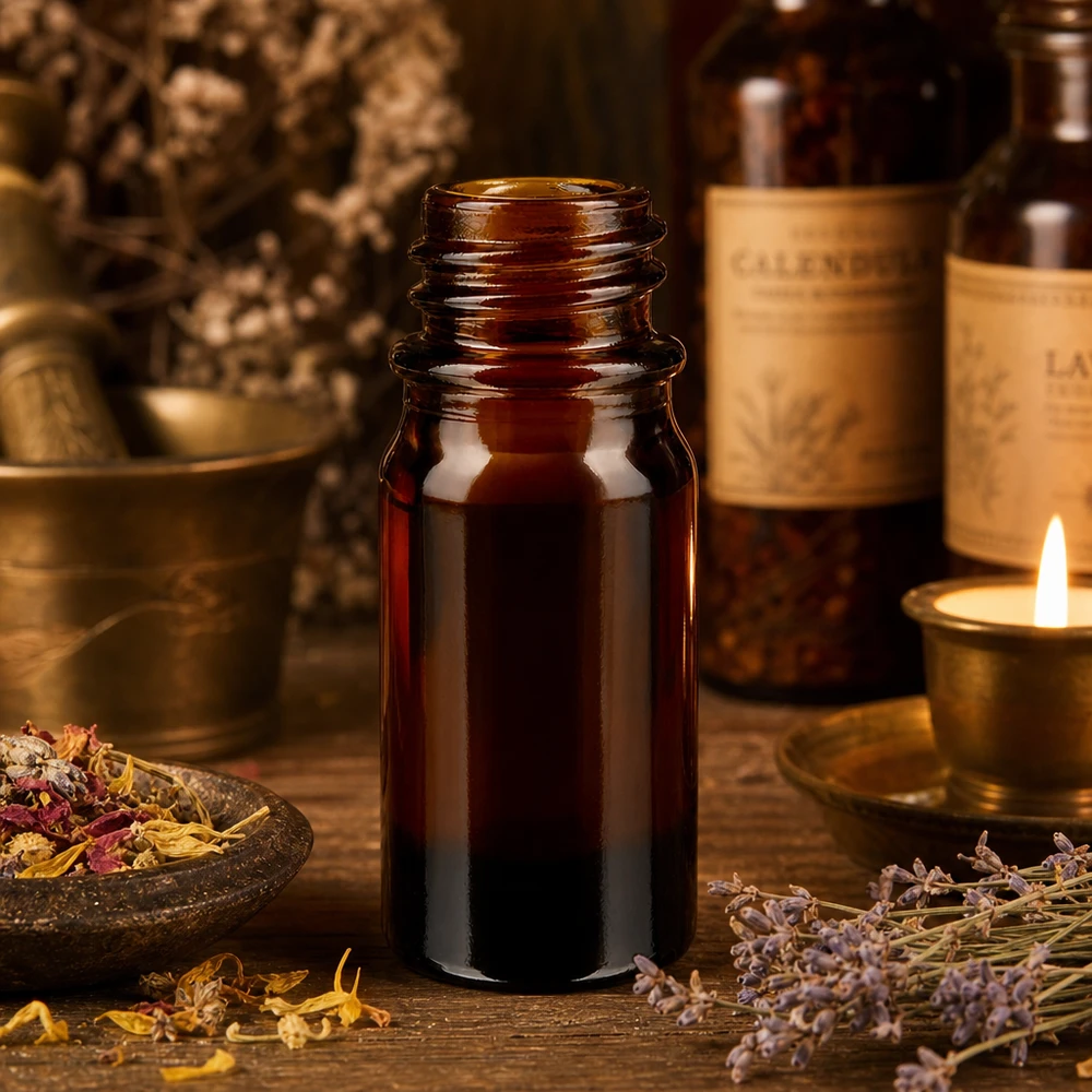 5ml bruin glazen flesje ApoGlas met geneeskrachtige kruiden vijzel en kaars in een natuurlijke apothekerssfeer