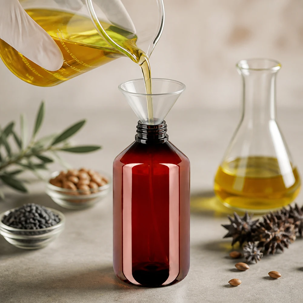 500 ml PET medicijnfles met verstuiver wit GCMI 28/410 incl. dop transparant, standaard Abfüllprozess natürlicher Pflanzenöle in braune 500ml PET Flasche mit Zerstäuber