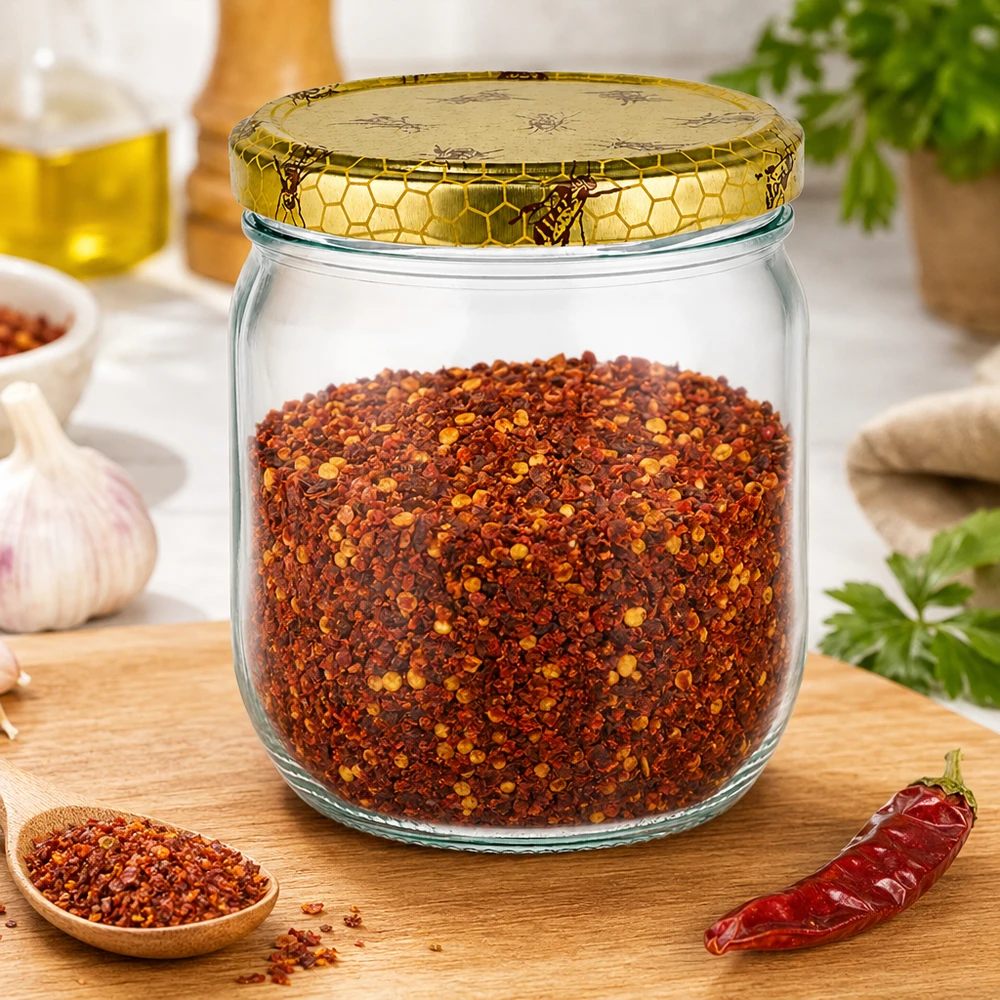 Honingpot 500 g met deksel met honingraatmotief BasicSeal UNiTWIST Honingpotje van 500 g met honingraatdeksel gevuld met chilikruidenmix op houten plank in de keuken