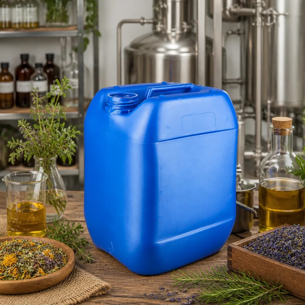 Stevige blauwe jerrycan van 10 liter zonder deksel, met brede opening en geïntegreerde draaggreep