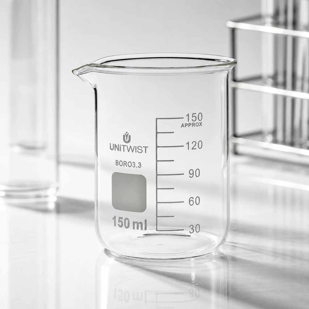Beker 150ml borosilicaat, lage vorm UNiTwist UNiTwist laboratoriumglas 150 ml, borosilicaat, lage vorm met schaalverdeling van 30 tot 150 ml
