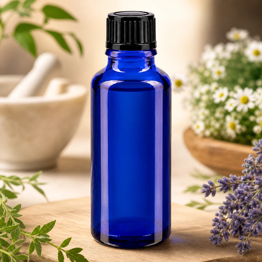 Blauwe glazen flessen 30ml met zwart schroefsluiting St Apothekersflesje met UV-beschermend glas, 30 ml, blauw, met zwarte standaarddop van 11 mm