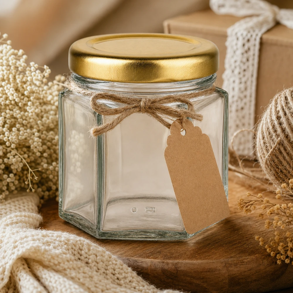 60g Honigglas sechseckig leer mit BasicSeal Golddeckel und Kraftpapier-Etikett rustikal dekoriert mit Jute-Schleife