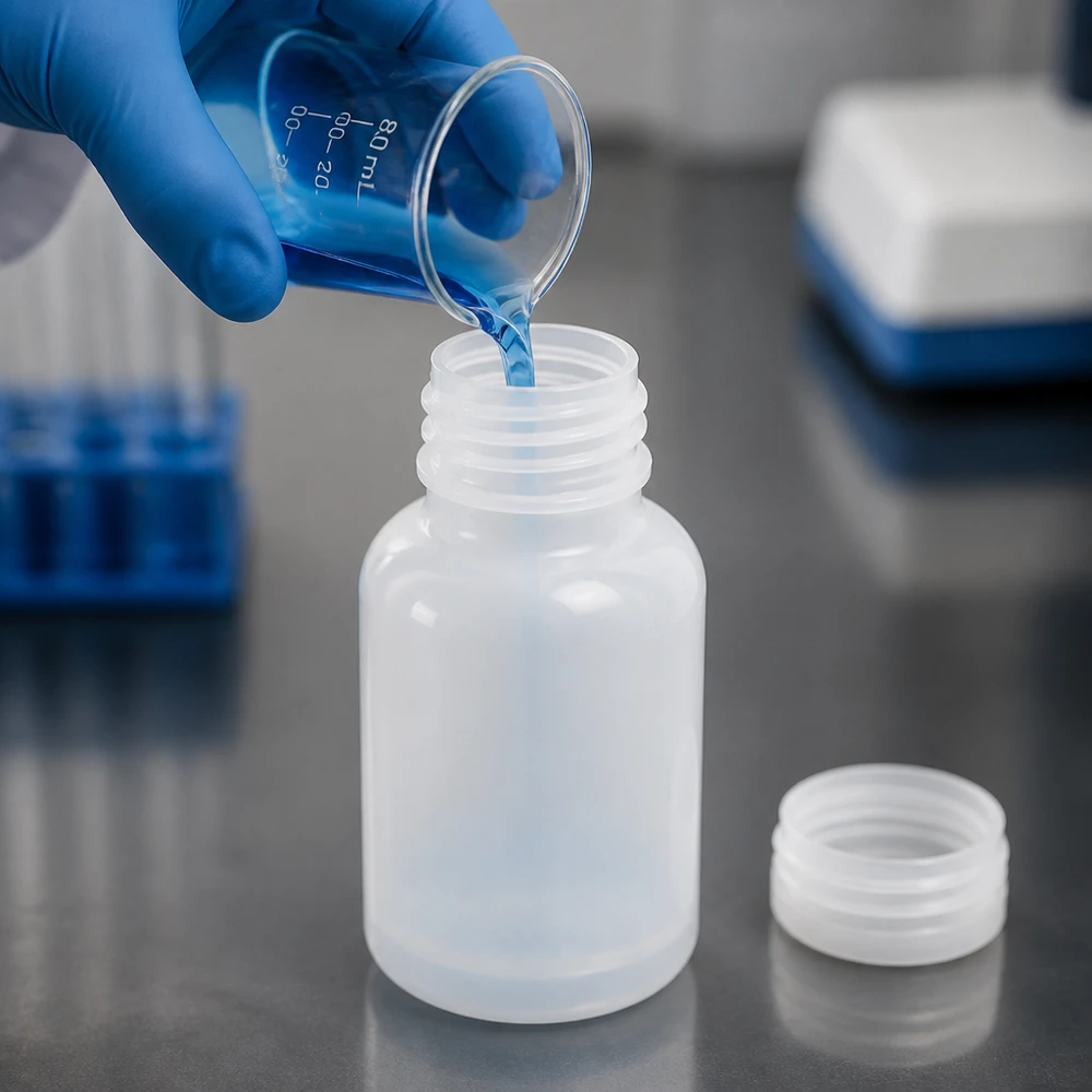 Melkachtig transparante laboratoriumfles van 100 ml met brede hals voor het overbrengen van reagentia